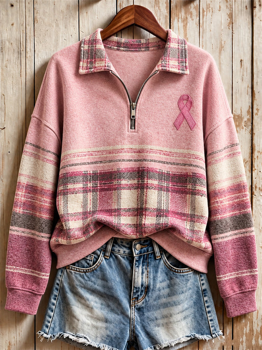 Women's Breast Cancer Pink Ribbon Plaid Colorblock Print Zip Up Sweatshirt