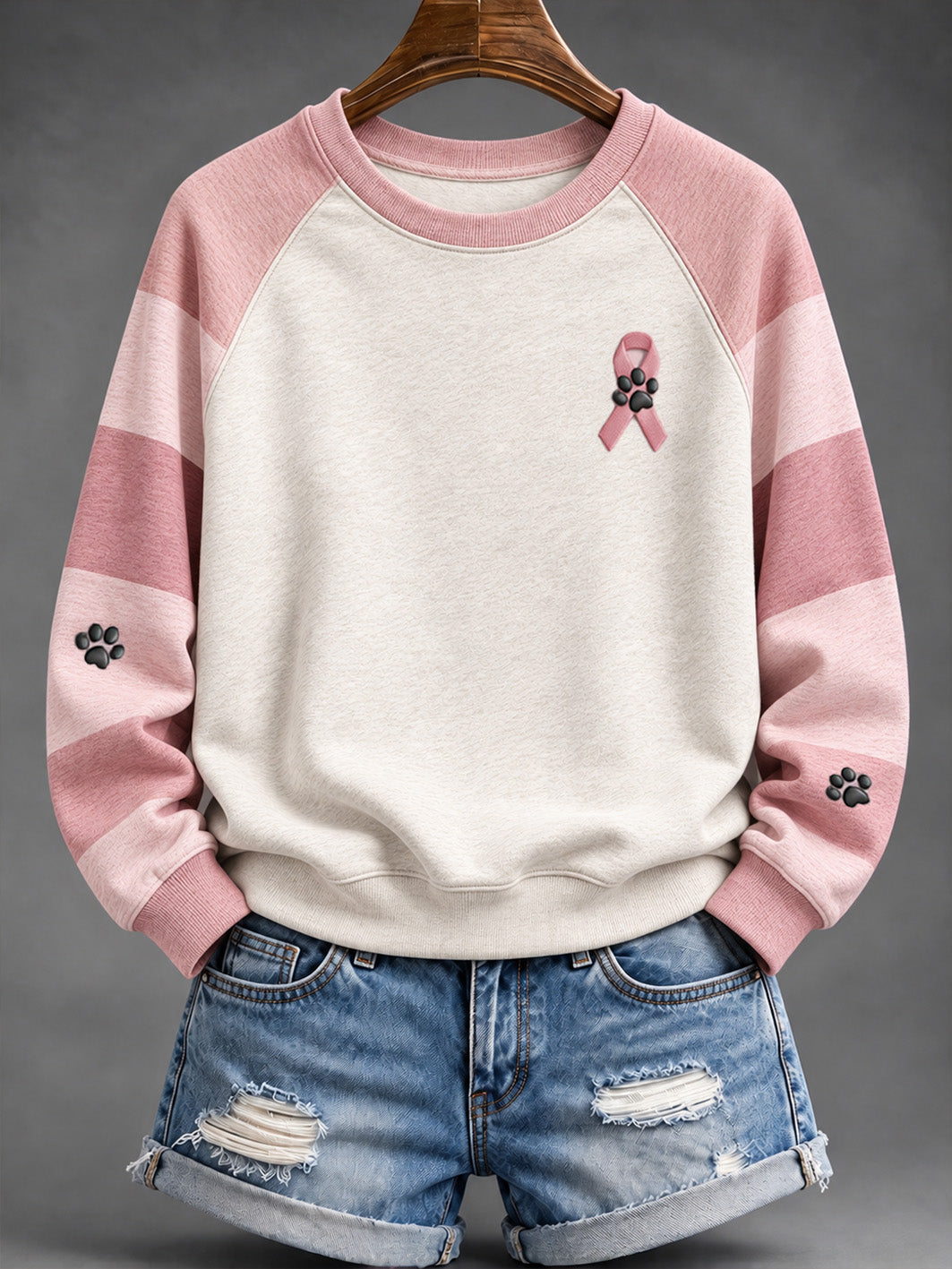 Women's Pink Charity Ribbon And Paws Pattern Striped Color-Blocked Design Casual Raglan Sleeve Sweatshirt