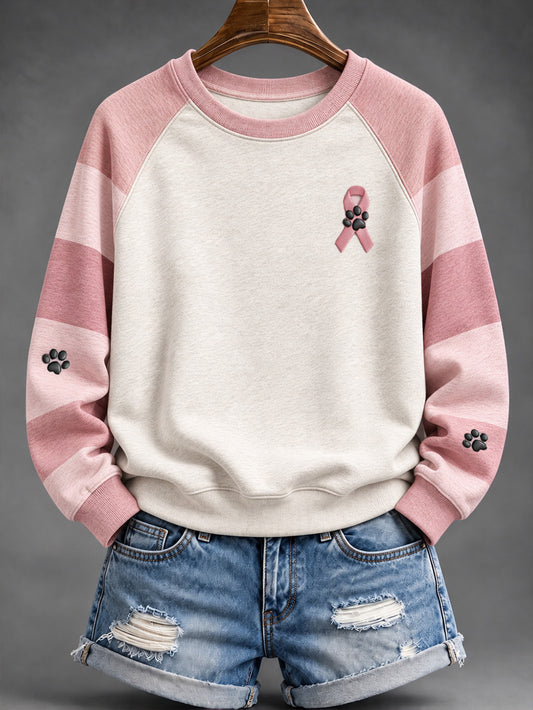Women's Pink Charity Ribbon And Paws Pattern Striped Color-Blocked Design Casual Raglan Sleeve Sweatshirt