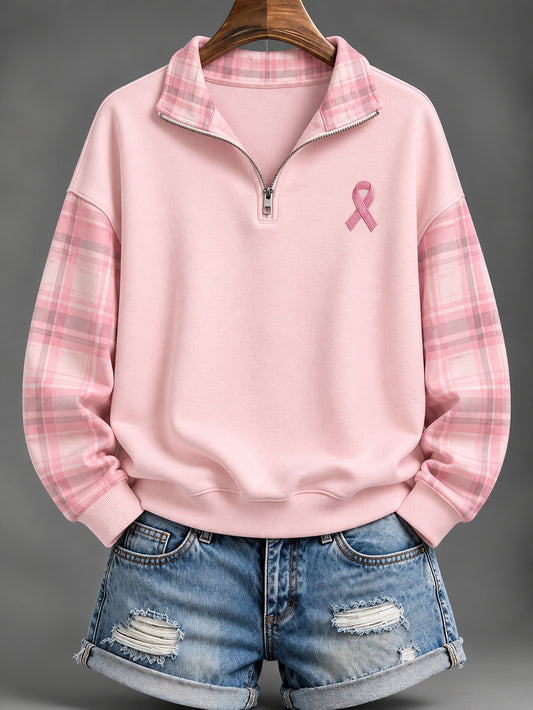 Women's Pink Charity Ribbon Pattern Checkered  Design Casual Half-Zip Sweatshirt