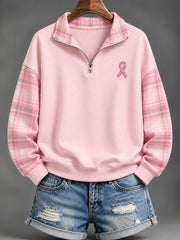 Women's Pink Charity Ribbon Pattern Checkered  Design Casual Half-Zip Sweatshirt
