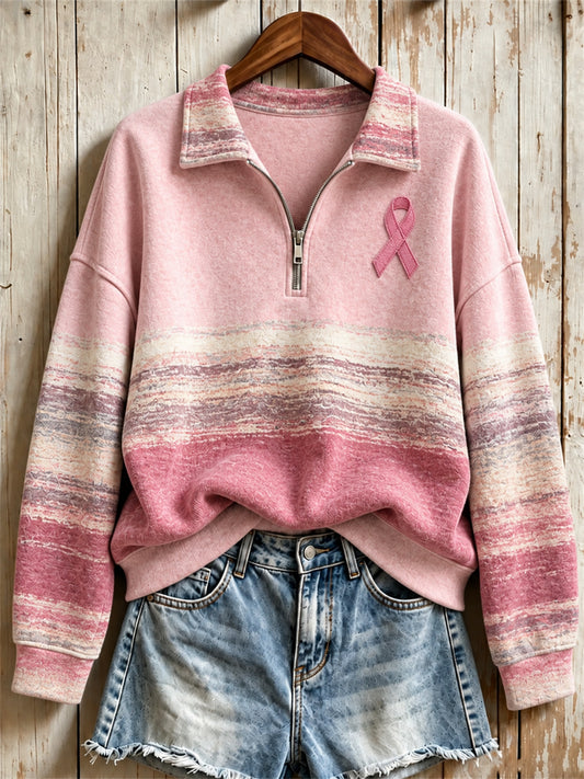 Women's Breast Cancer Pink Ribbon Vintage Colorblock Print Zip Up Sweatshirt