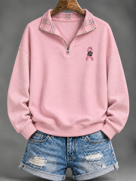Women's Pink Charity Ribbon And Paws Pattern Checkered Design Casual Half-Zip Sweatshirt