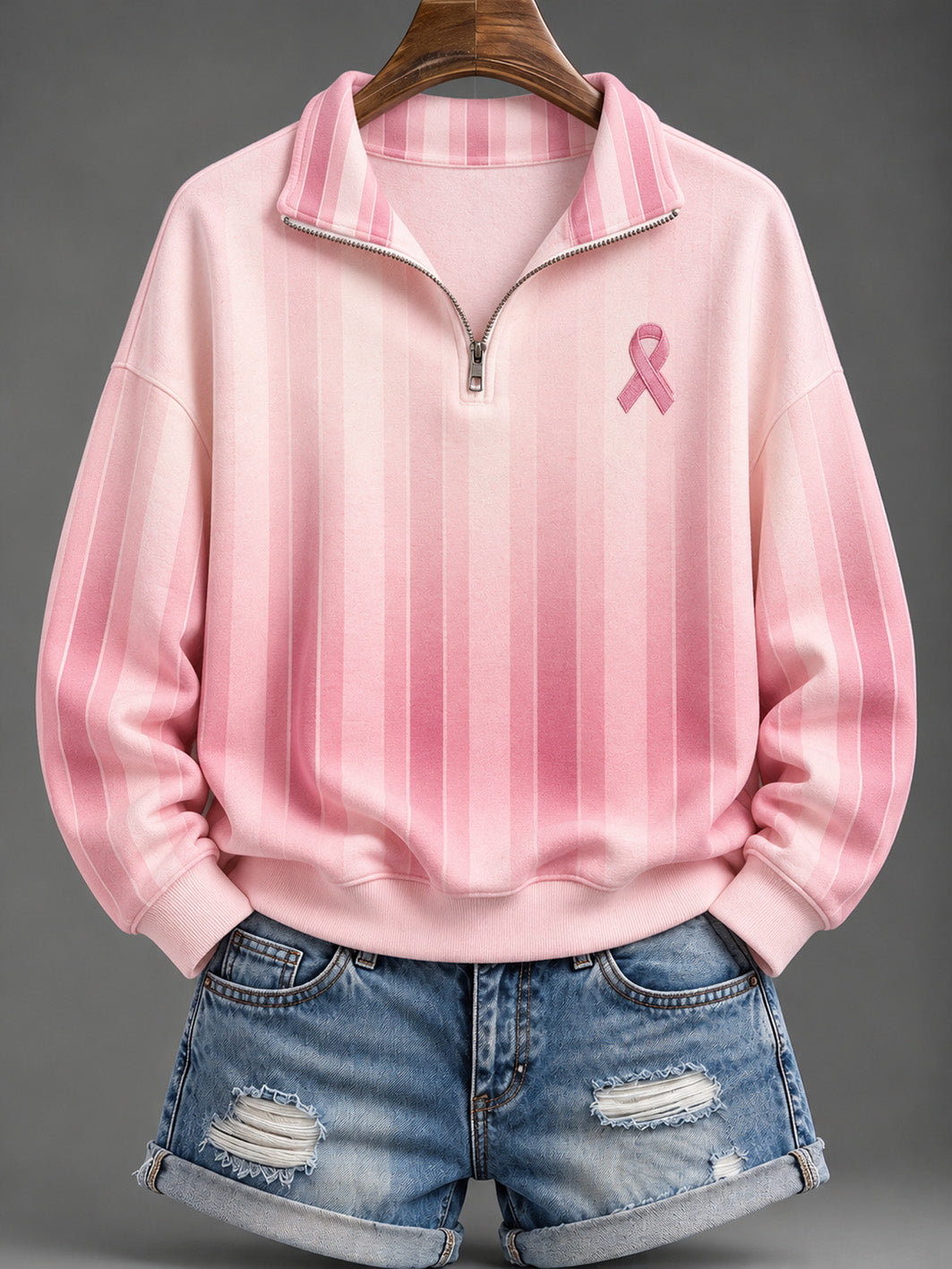 Women's Pink Charity Ribbon Pattern Striped Color-Blocked Design  Casual Half-Zip Sweatshirt