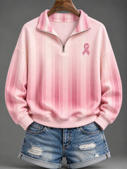Women's Pink Charity Ribbon Pattern Striped Color-Blocked Design  Casual Half-Zip Sweatshirt