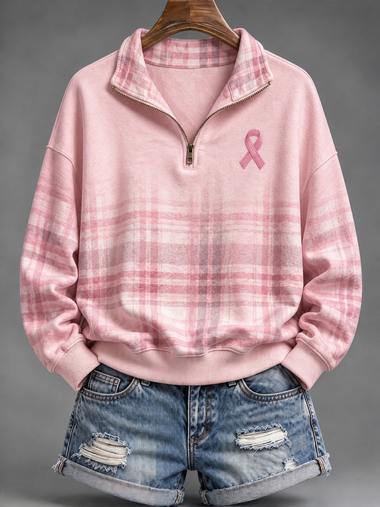 Women'sPink Charity Ribbon Pattern Checkered  Design Casual Half-Zip Sweatshirt