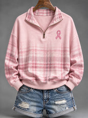 Women'sPink Charity Ribbon Pattern Checkered  Design Casual Half-Zip Sweatshirt