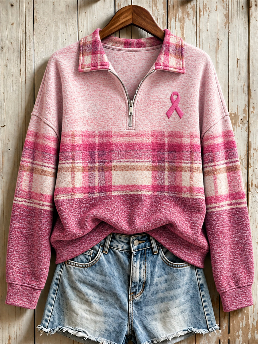 Women's Breast Cancer Pink Ribbon Plaid Colorblock Print Zip Up Sweatshirt