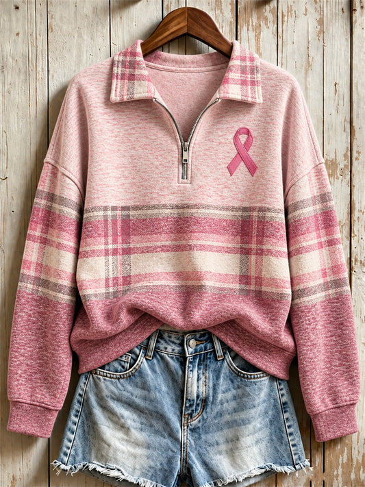Women's Breast Cancer Pink Ribbon Plaid Colorblock Print Zip Up Sweatshirt