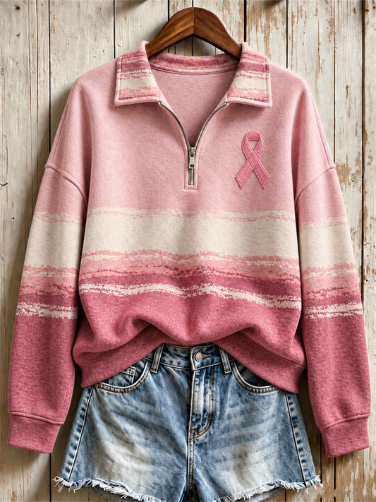 Women's Breast Cancer Pink Ribbon Vintage Colorblock Print Zip Up Sweatshirt