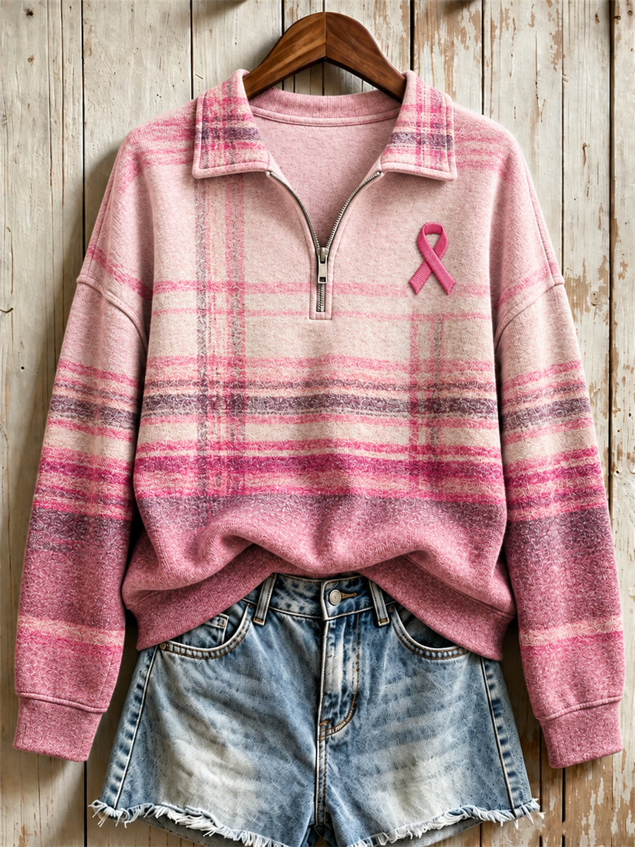 Women's Breast Cancer Pink Ribbon Plaid Colorblock Print Zip Up Sweatshirt