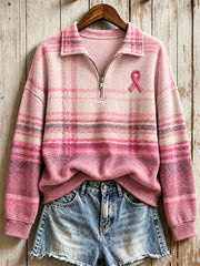 Women's Breast Cancer Pink Ribbon Plaid Colorblock Print Zip Up Sweatshirt