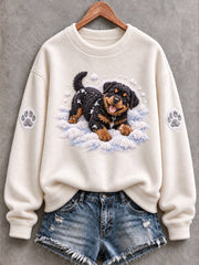 Women's Snowy Winter Rottweiler Dog In the Snow Print Flannel Sweatshirt