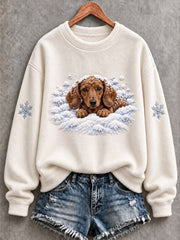 Women's Snowy Winter Dachshund Dog In the Snow Print Flannel Sweatshirt