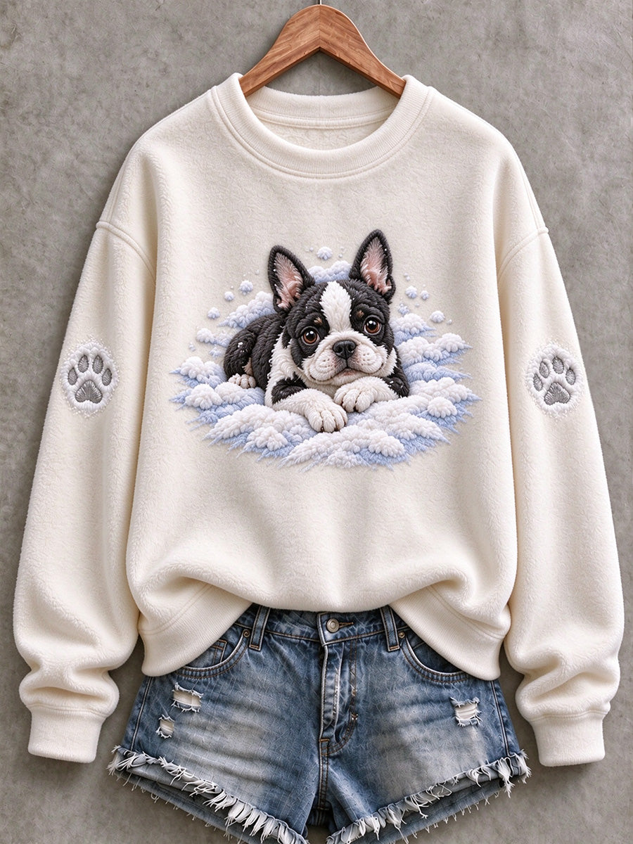Women's Snowy Winter Boston Terrier Dog In the Snow Print Flannel Sweatshirt
