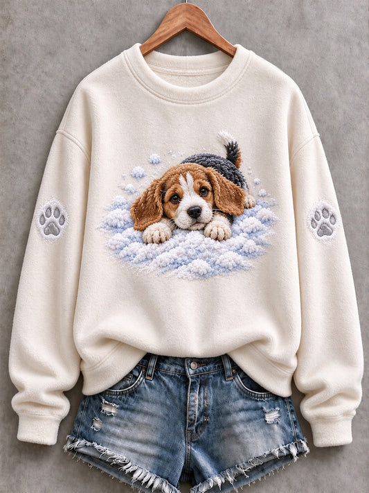 Women's Snowy Winter Beagle Dog In the Snow Print Flannel Sweatshirt