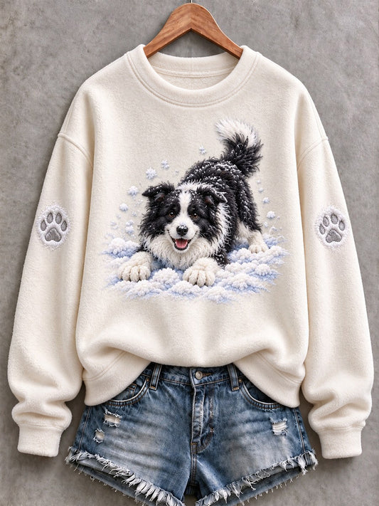 Women's Snowy Winter Border Collie Dog In the Snow Print Flannel Sweatshirt