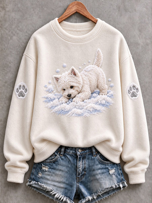 Women's Snowy Winter Westie Dog In the Snow Print Flannel Sweatshirt