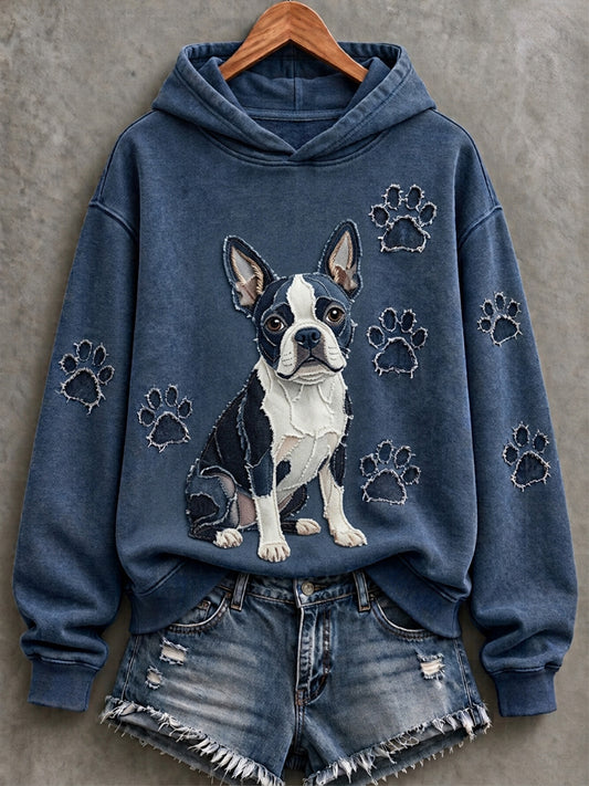Women's Boston Terrier & Paw Prints Patchwork Print Casual Hoodie