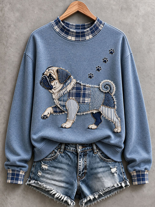 Women’s Pug Patchwork Art Mock-Neck Sweatshirt