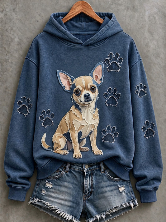 Women's Chihuahua & Paw Prints Patchwork Print Casual Hoodie