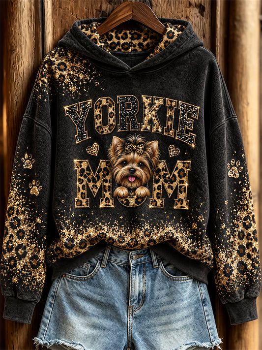 Women's Yorkie Mom Peeking Dog Glitter Leopard Print Hoodie