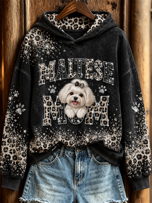 Women's Maltese Mom Peeking Dog Glitter Leopard Print Hoodie