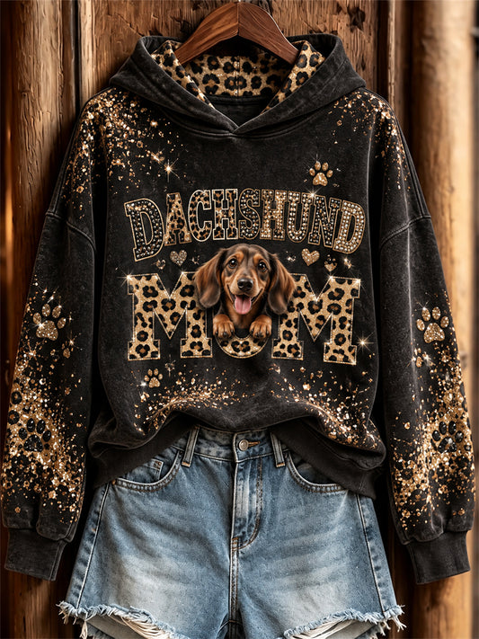 Women's Dachshund Mom Peeking Dog Glitter Leopard Print Hoodie