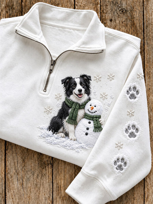 Women's Snowy Winter Border Collie & Snowman In the Snow Print Zip Up Sweatshirt