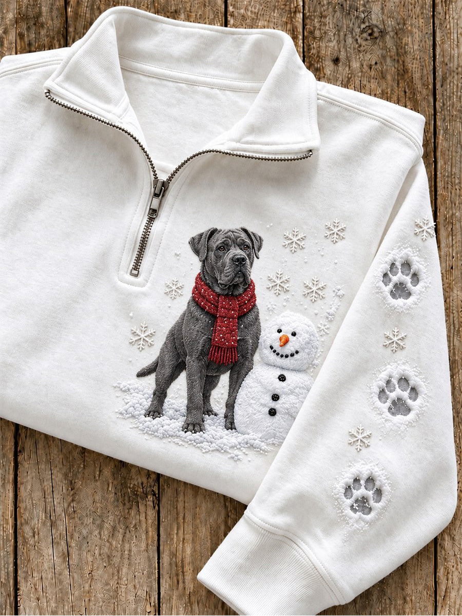 Women's Snowy Winter Cane Corso & Snowman In the Snow Print Zip Up Sweatshirt
