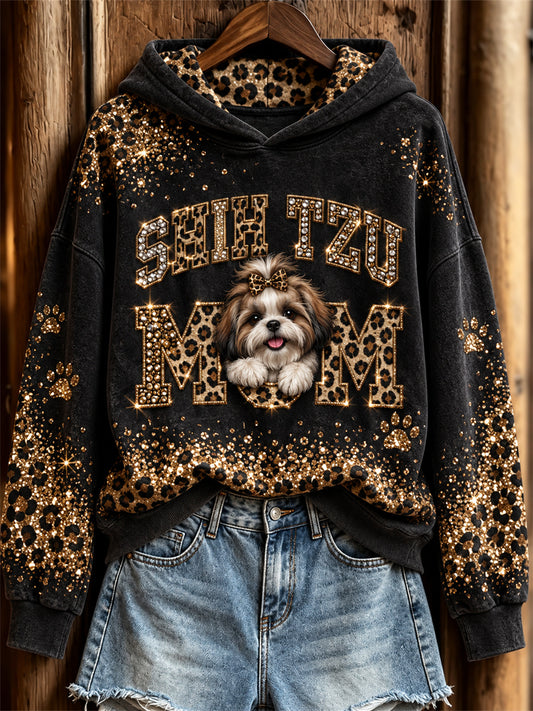 Women's Shih Tzu Mom Peeking Dog Glitter Leopard Print Hoodie