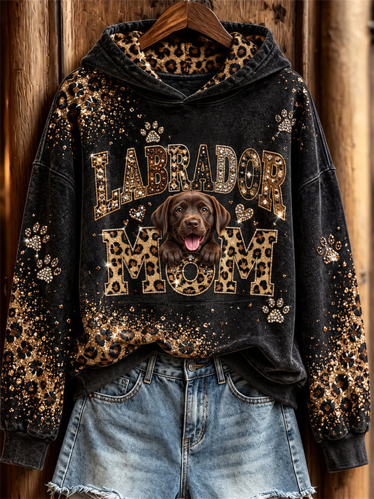 Women's Labrador Mom Peeking Dog Glitter Leopard Print Hoodie